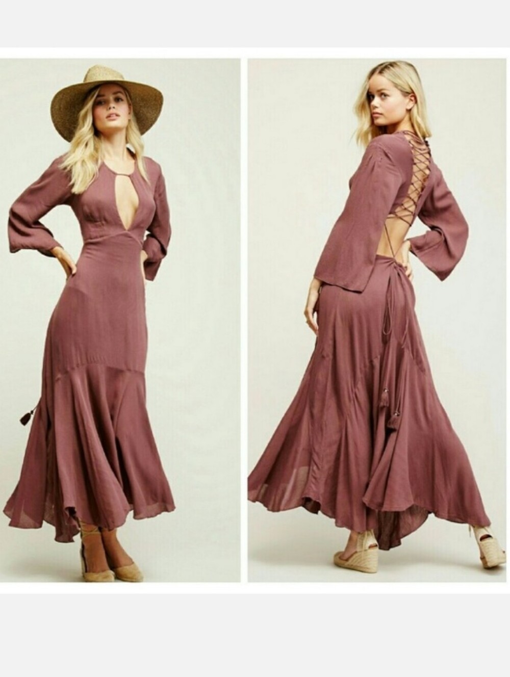 Free People Mauve Backless Lace-Up Long Sleeve Maxi Dress